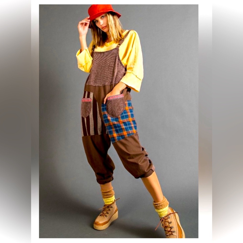 Easel Brown Patchwork Jumpsuit Nwot - image 1